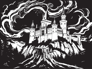 A castle in the remote wilderness. Hand drawn vector illustration