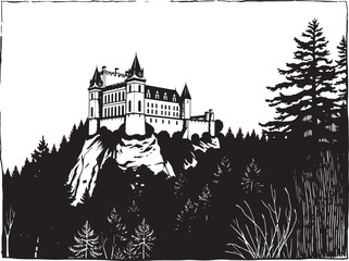 A castle in the remote wilderness. Hand drawn vector illustration