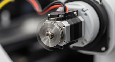 Close-up of a rotating industrial motor, showcasing its mechanical components and electrical wiring.