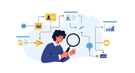 Visualizing the interconnected elements of a digital workflow, demonstrating the process of analyzing data and information systems