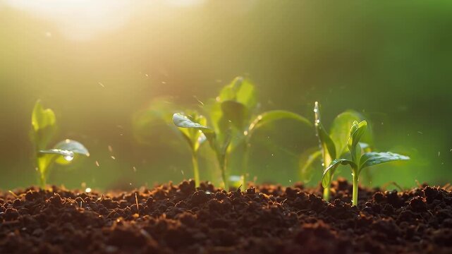 Green plants growing in fertile soil, watered by refreshing drops in golden sunlight.