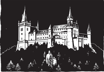 A castle in the remote wilderness. Hand drawn vector illustration