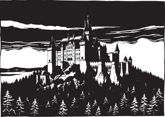 A castle in the remote wilderness. Hand drawn vector illustration