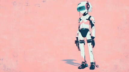 Pastel-toned futuristic figure in VR headset.