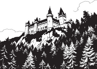 A castle in the remote wilderness. Hand drawn vector illustration