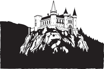 A castle in the remote wilderness. Hand drawn vector illustration
