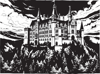 A castle in the remote wilderness. Hand drawn vector illustration