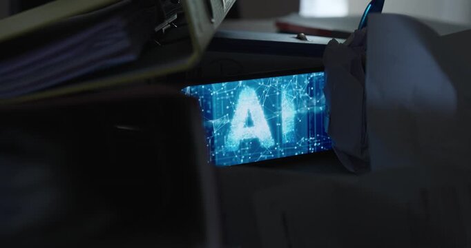 Folders and papers scattered on a desk, with an AI display in the center.