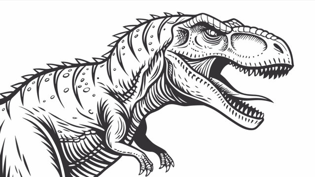 Detailed black and white illustration of a tyrannosaurus rex, showcasing its powerful jaws, sharp teeth, and prehistoric features