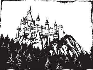 A castle in the remote wilderness. Hand drawn vector illustration