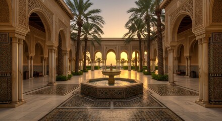 Obraz premium Tranquil sunset in a luxurious Moorish palace courtyard with an ornate fountain and elegant archways