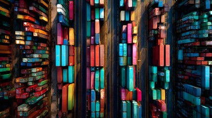 Fototapeta premium Aerial View of Colorful Shipping Containers in Organized Rows at Golden Hour perfect for global trade campaigns, logistics infographics, port authority reports, and supply chain management visuals
