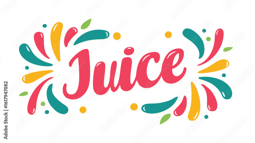 Poster the word juice in pink with colorful splashes and dots surrounding it on a white background