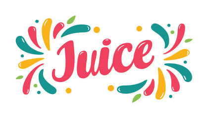 the word juice in pink with colorful splashes and dots surrounding it on a white background