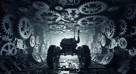 Robotic vehicle navigating a complex gear-filled tunnel, symbolizing technological advancement and intricate systems.