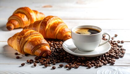 Aromatic coffee and freshly baked croissants, a delicious breakfast still life