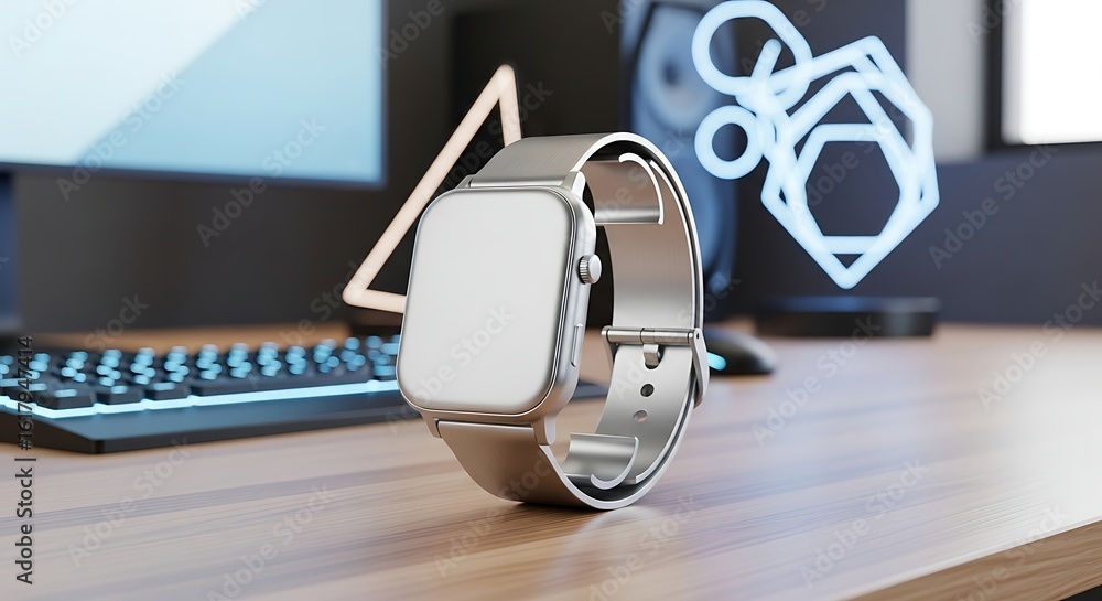 Poster smartwatch display on desk with computer and neon graphics