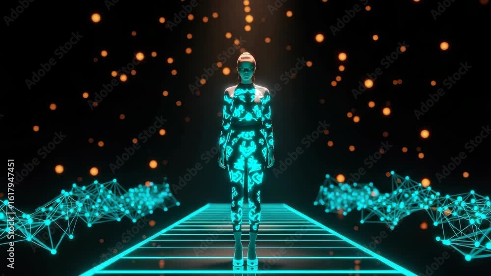 Poster a futuristic humanoid figure stands on a glowing pathway surrounded by vibrant floating orbs and dig