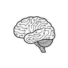 Digital brain icon with circuit board patterns symbolizing artificial intelligence, machine learning, and modern technology.