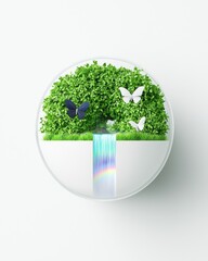 Sustainable Green Globe with Butterflies and Waterfall Symbolizing Nature and Eco-Friendliness