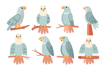 Naklejka premium Bird Collection in a Whimsical Display: A delightful assortment of friendly birds perching on various branches, radiating charm and playfulness, creating a heartwarming illustrative scene.