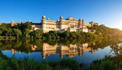 Fototapeta premium Captivating reflection of historical palace architecture on serene lake waterscape