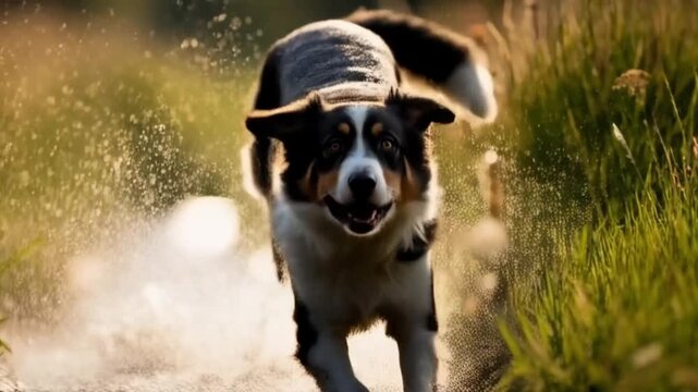 Border collie runs through shallow water with grass and flowers in soft focus background outdoors animal video