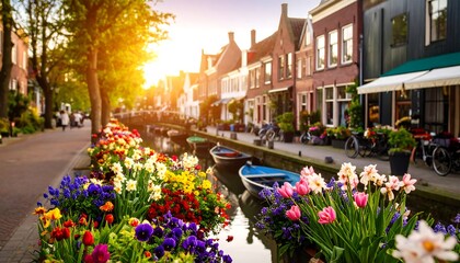 Dutch canal, vibrant flowers, sunny day