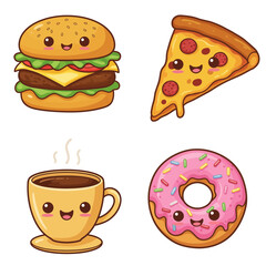 Cute Cartoon Food Icons Burger Pizza Coffee and Donut with Kawaii Faces