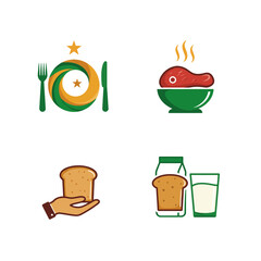 Food Icon Set with Meat Bread Milk and a Place Setting