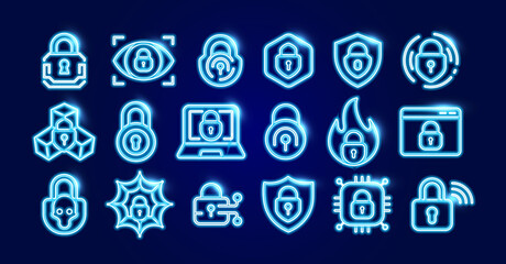 Glowing neon cybersecurity icons set showing padlocks shields browser, laptop chip virus alert. Digital protection firewall antivirus privacy. Futuristic glowing logo collection. Vector illustration