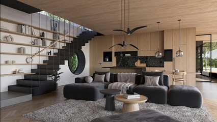 Interior of luxury wooden apartment with stairs. Comfortable living room with open space, 3D rendering