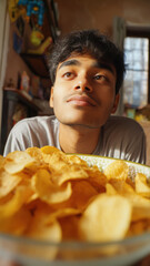 Indian man eating potato chips