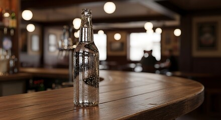 Bottle of Refreshment on a Wood Counter at Pub
