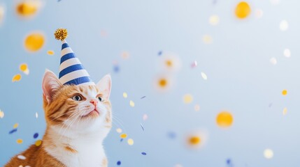 Fototapeta premium Cat celebrates birthday with festive hat and confetti during daytime party