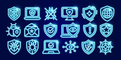 Antivirus cybersecurity neon icon set with bugs, shields, laptops, privacy protection. Perfect for UI design, software, IT security graphic design. Futuristic glowing line logos. Vector illustration