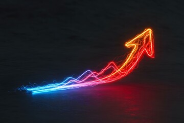 background. Symbolizing growth, progress, and innovation. Glowing arrow ascends, its trail a vibrant, dynamic stream of blue and red energy against a dark, textured 
