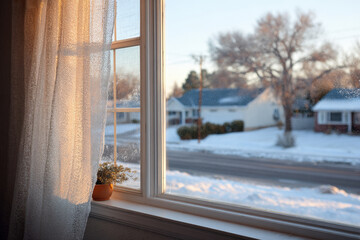 morning rays of light penetrate through delicate curtain creating warm atmosphere for christmas