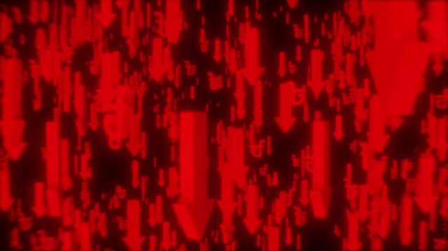 Red arrows fall with the Bangladeshi Taka symbol (৳), symbolizing currency weakness, market decline, or economic trouble in Bangladesh. Great for illustrating bearish financial trends and losses.

