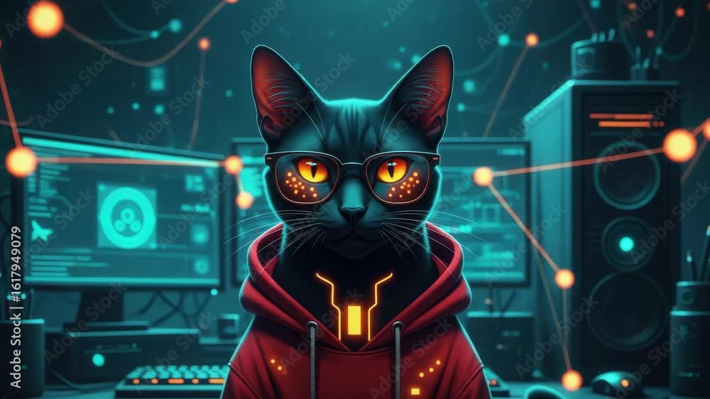 Poster a futuristic black cat wearing glasses and a hoodie sits confidently in front of multiple computer s