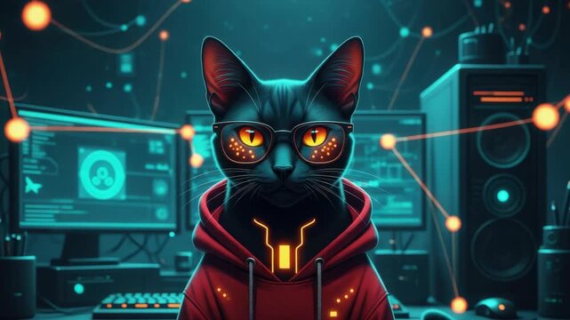 A futuristic black cat wearing glasses and a hoodie sits confidently in front of multiple computer screens with glowing elements and a tech-inspired background embodying a digital age vibe