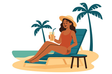 A beautiful woman unwinds on a beach deckchair, reading a book and savoring a cocktail