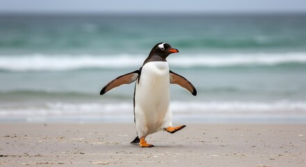 Naklejka premium penguin has a black head, white belly, orange feet. King Penguin Aptenodytes patagonicus Chicks in Creche in the rain.a Gentoo penguin standing on a sandy beach, wings outstretched and one leg raised.