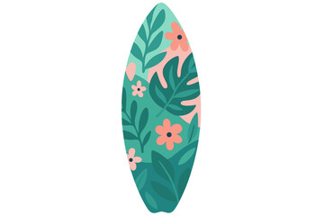 A minimalist flat vector surfboard featuring vibrant tropical leaf patterns and abstract shapes for a beach and summer design concept