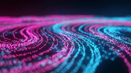 Abstract visualization of vibrant pink and blue wave patterns representing data flow set against a dark background ideal for technology and digital art themes - Powered by Adobe