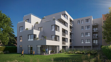 Modern Residential Apartment Building with Garden on a Sunny Day Rendering