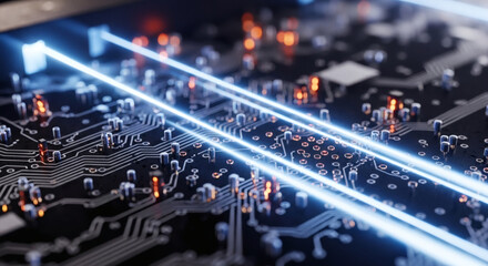 Fototapeta premium Close-up of a complex circuit board with glowing blue light streaks and orange highlights, suggesting data flow and technological advancement.