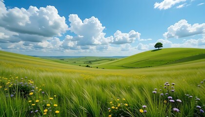 Breathtaking Landscape of Rolling Green Hills and a Lone Tree Under a Bright Blue Sky with Fluffy White Clouds, Symbolizing Nature, Serenity, and Idyllic Countryside Scenery