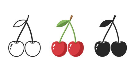 Cherry Icon Set Color Outline and Silhouette Versions on White Background