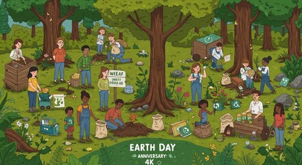 Vibrant Earth Day Illustration: Diverse Community Planting Trees and Cleaning a Forest